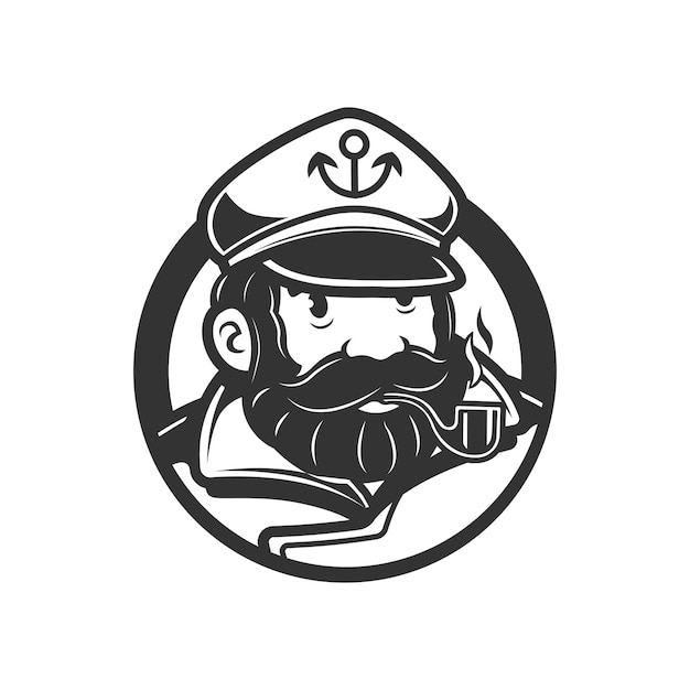 Marinero hombre vintage logo marinero con pipa de cigarrillo vector blanco y negro