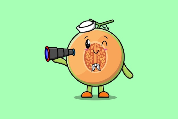 Marinero de melón de dibujos animados lindo con sombrero y usando un diseño de estilo moderno lindo binocular