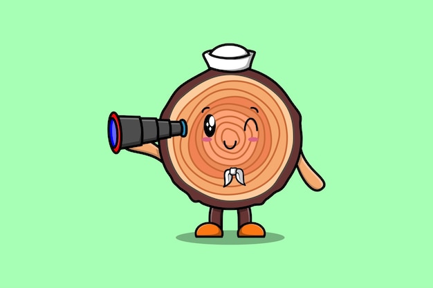 Marinero de tronco de madera de dibujos animados lindo usando binocular