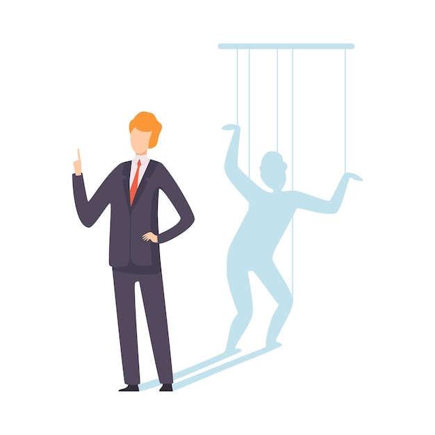 Marioneta de hombre de negocios controlada por cuerdas Manipulación de personas Ilustración vectorial de concepto en fondo blanco