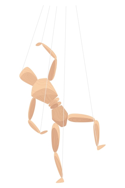 Vector marioneta de madera con articulaciones muñeca de estatua de anatomía humana de madera o figura de juguete de teatro de marionetas hecha a mano hombre maniquí o maniquí en la ilustración vectorial de cuerda de control