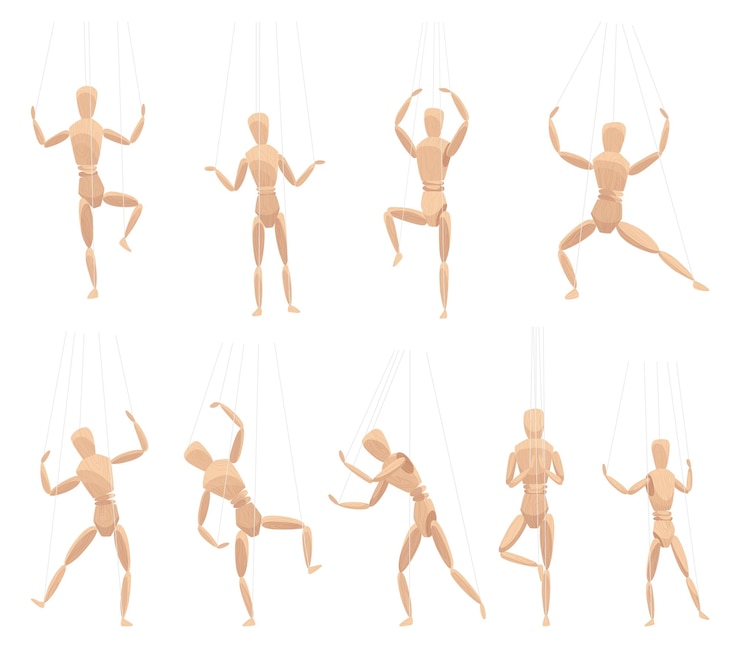 Vector marionetas de madera con articulaciones en diferentes posturas muñeca de estatua de anatomía humana de madera o juguetes de teatro de marionetas hechos a mano hombres figura maniquí o maniquí en la ilustración vectorial de la cuerda de control