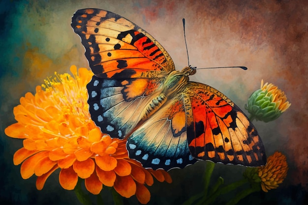 Una mariposa acuarela sobre una flor con un fondo colorido