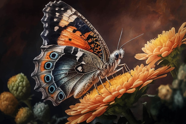 Una mariposa acuarela sobre una flor.