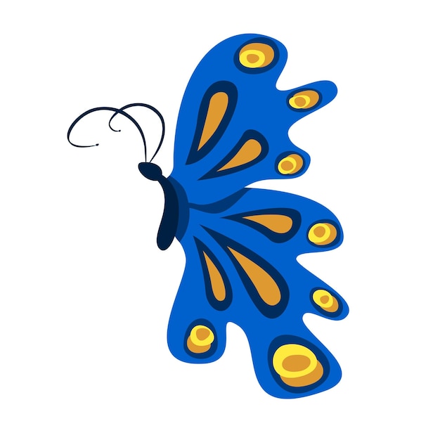 Mariposa azul-amarilla de dibujos animados lindo dibujado a mano de vector sobre un fondo blanco