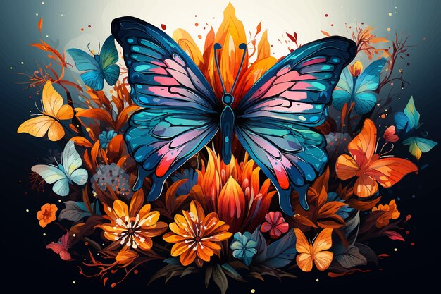mariposa en un colorido ramo de flores ilustración vectorial fondo de aislamiento ilustración vectorial
