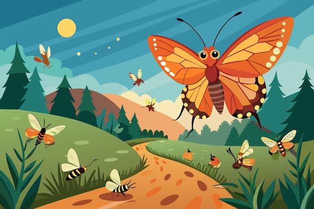 Vector la mariposa conduce a otros insectos en un viaje migratorio escena inspiradora de la migración de los insectos
