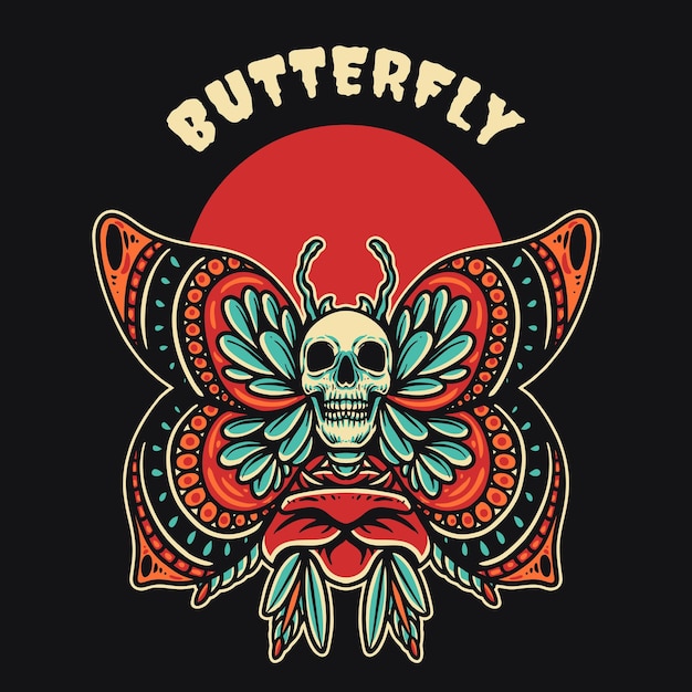 mariposa, cráneo, retro, vector, ilustración