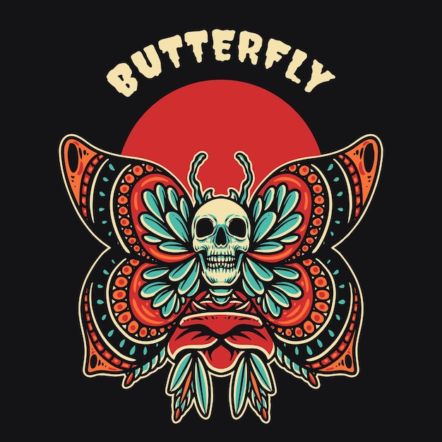 Mariposa, cráneo, retro, vector, ilustración