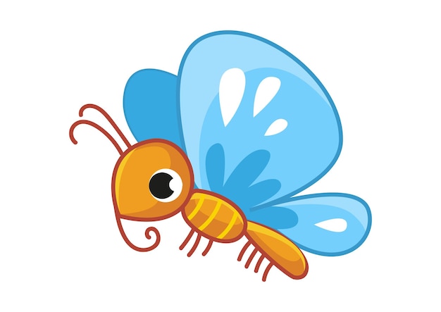 Mariposa de dibujos animados feliz lindo con alas azules Polilla bebé vuela y sonríe Pequeño insecto en movimiento