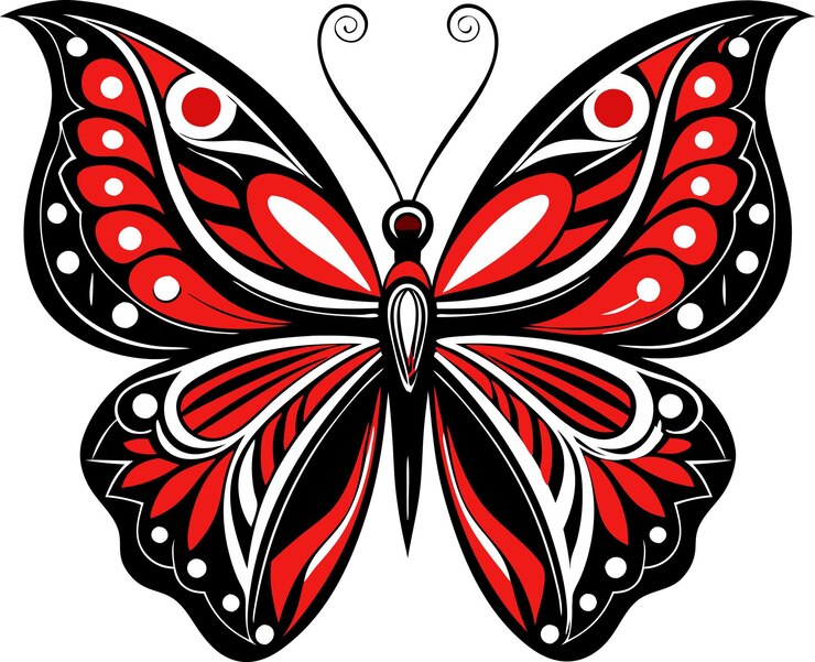 Una mariposa con diseños rojos y negros y un fondo negro