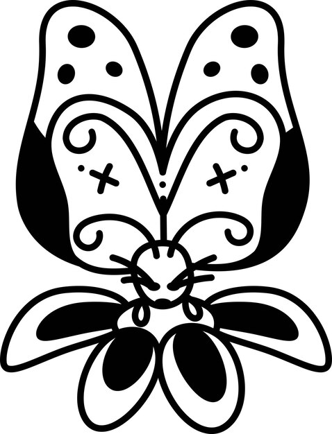 Vector mariposa doodle2 una linda mariposa se sienta en una flor ilustración de vector blanco y negro de dibujos animados