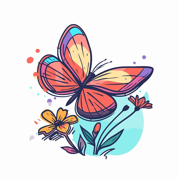 Mariposa con flores ilustración vectorial en estilo doodle