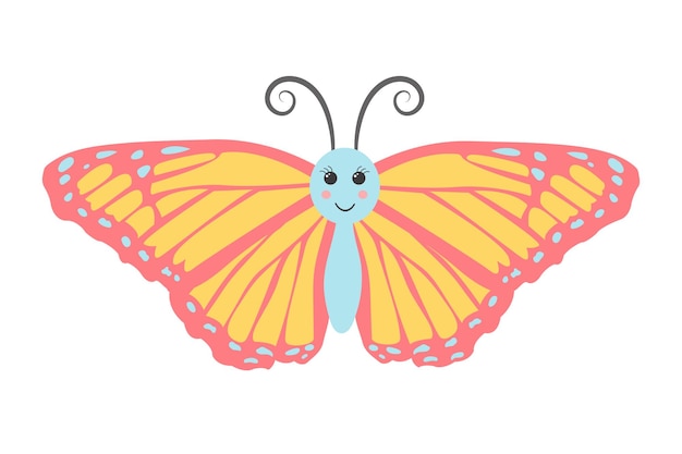 Mariposa Kawaii Característica de mariposa colorida y linda Ilustración vectorial aislada sobre un fondo blanco