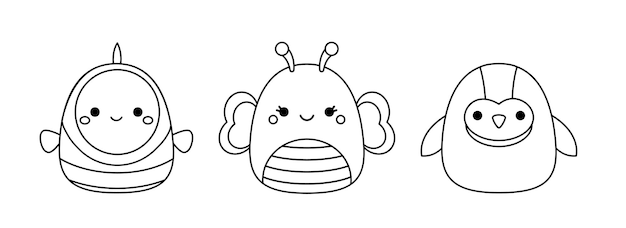 Vector mariposa loro pez payaso página para colorear squishmallow animales en blanco y negro vector