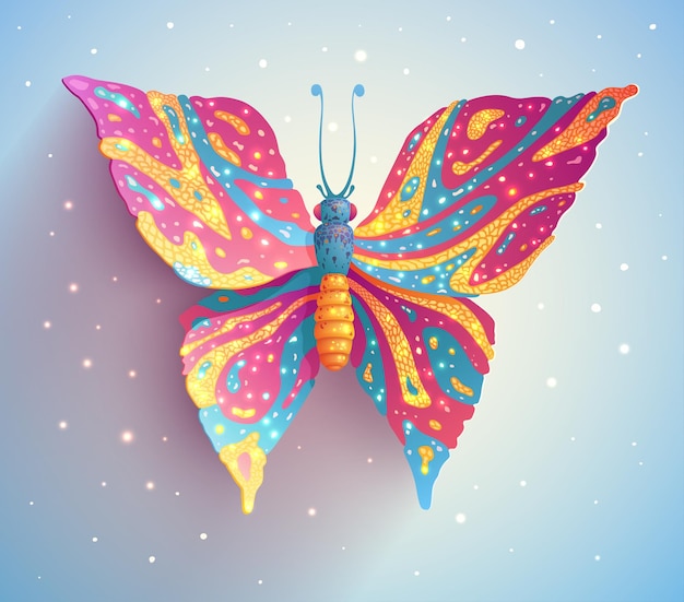 Vector mariposa mágica con alas de colores y llamaradas brillantes, ilustración de fantasía de insecto polilla voladora