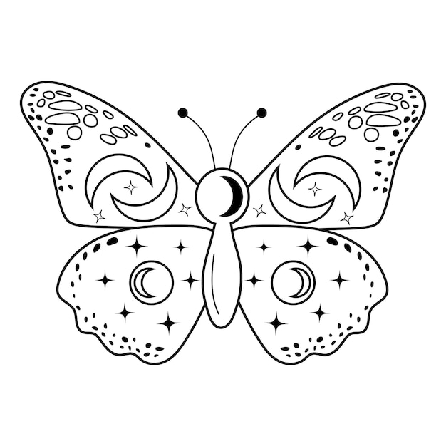 Mariposa mágica Símbolo zotérico celestial con patrón de luna y estrellas Ilustración vectorial
