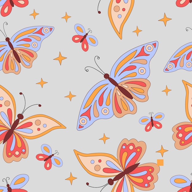 Mariposa maravillosa de los 70. Patrón en estilo retro con mariposas.