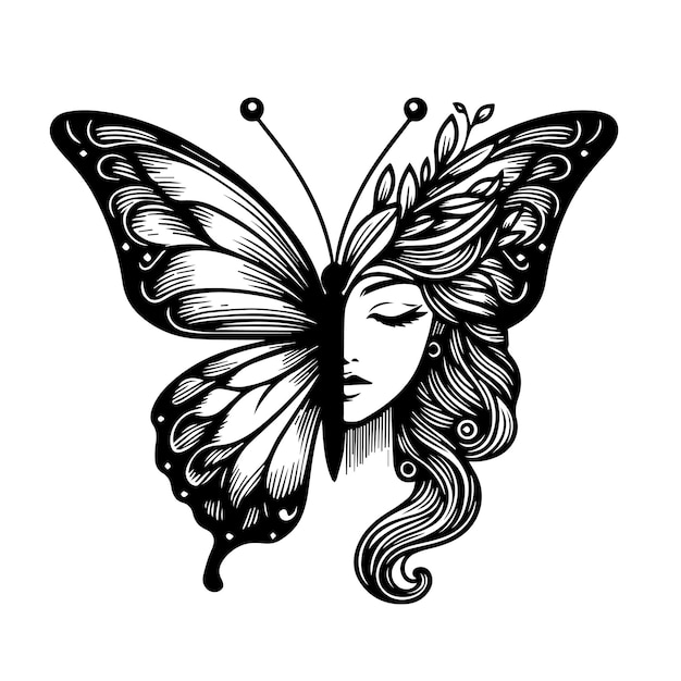 Vector mariposa negra y blanca con una cara de niña en una ala dibujo para tatuaje