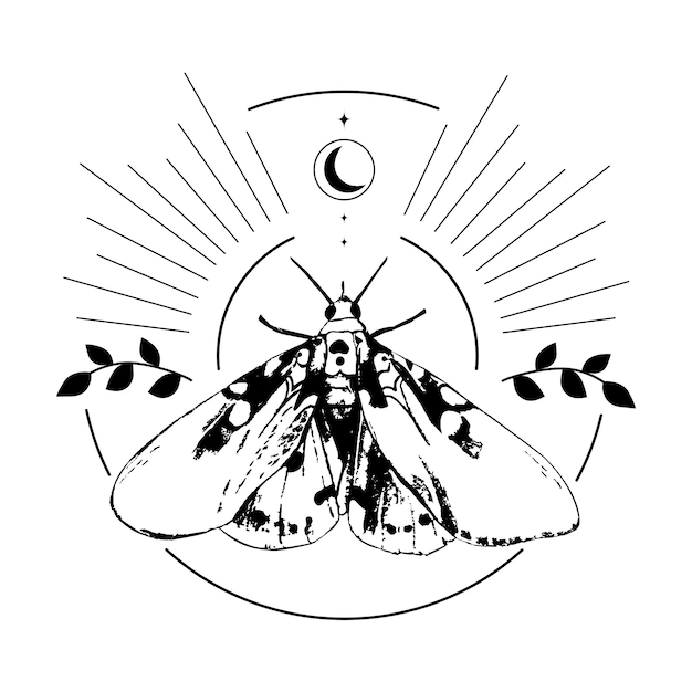 Mariposa negra con patrones en estilo celestial dibujo de tatuaje ilustración vectorial