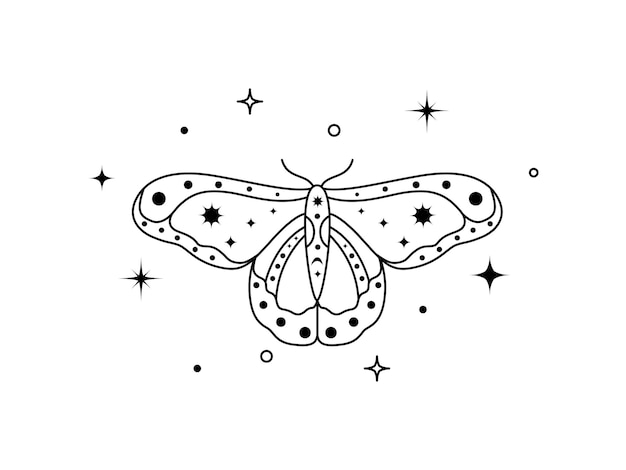 Mariposa nocturna celestial mística Polilla elegante espiritual para el logotipo de marca y tienda de brujería y salón de belleza Tatuaje mágico esotérico Esquema Ilustración vectorial