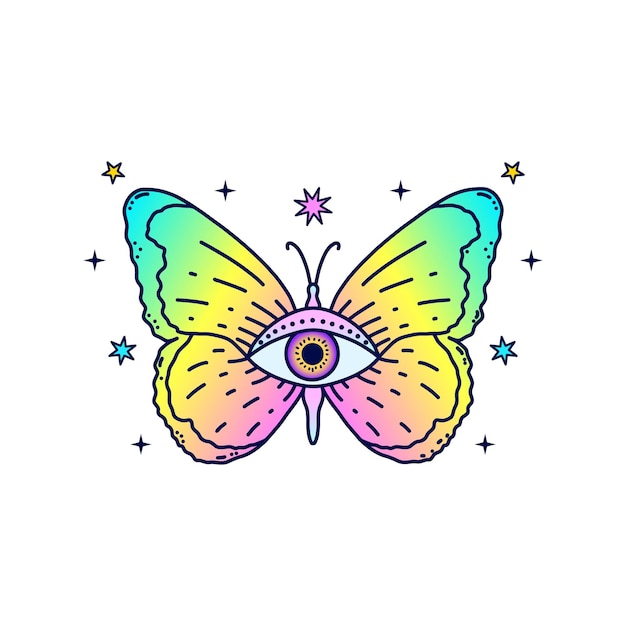 Mariposa con ojo místico en estilo doodle sobre fondo blanco