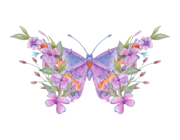 Mariposa ornamental floral púrpura decorativa acuarela