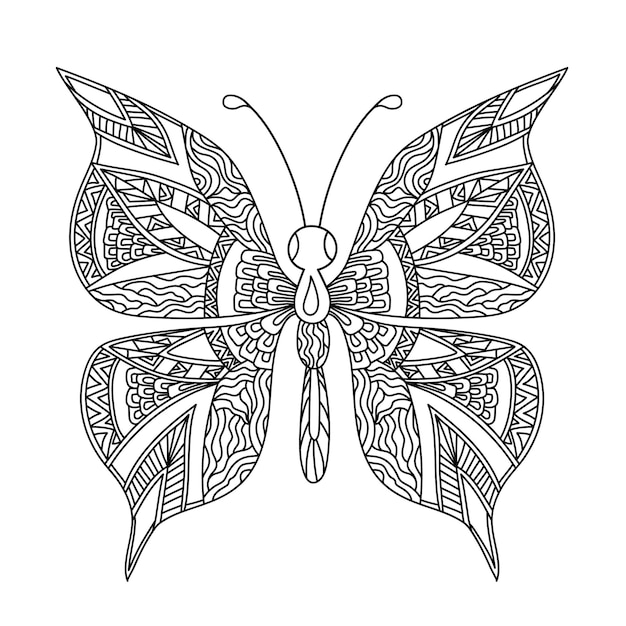 Vector mariposa página para colorear en estilo zentangle