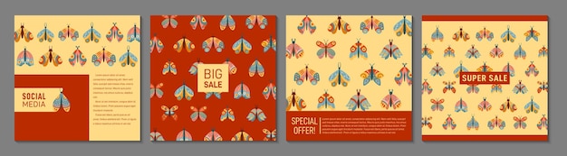 Mariposa polilla mística boho cubierta tarjeta cuadrada diseño retro insectos bohemios patrón fondo de página