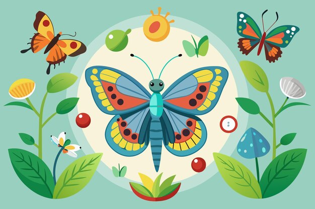 Vector una mariposa rodeada de plantas y flores infográfico vectorial de diseño plano que explica el ciclo de vida de una mariposa