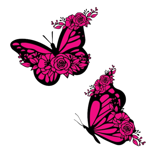 Una mariposa rosa con un contorno negro y flores rosas.