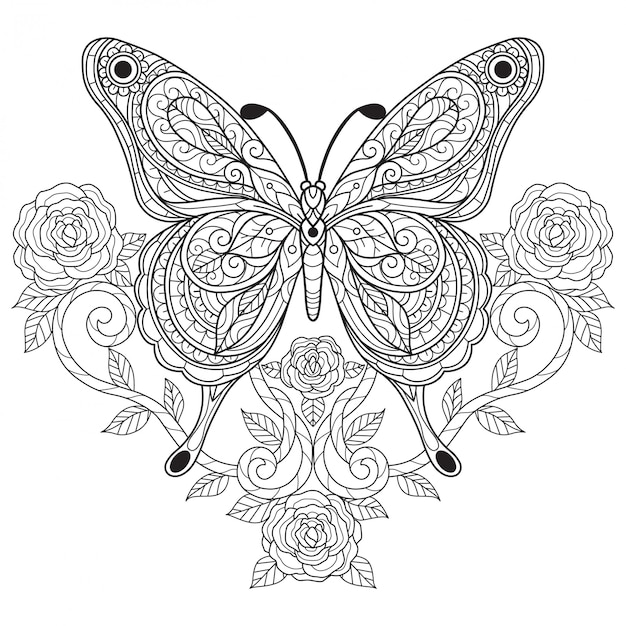 Vector mariposa con rosa. dibujado a mano ilustración boceto para colorear para adultos.