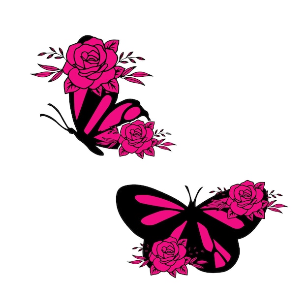 Una mariposa rosa y una mariposa rosa con un contorno negro en la parte inferior.