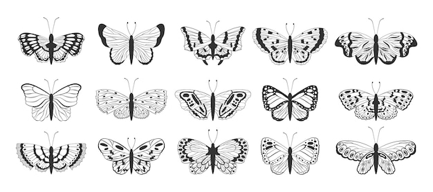 Mariposa tatuaje boceto estilo ilustración contorno siluetas hermoso arte en blanco y negro mosca insectos colección de dibujo conjunto de iconos de polilla exótica ilustración vectorial aislado fondo