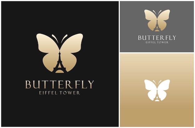 Mariposa Torre Eiffel París Oro Lujo Negativo Espacio Creativo Ilustración de diseño de logotipo vectorial