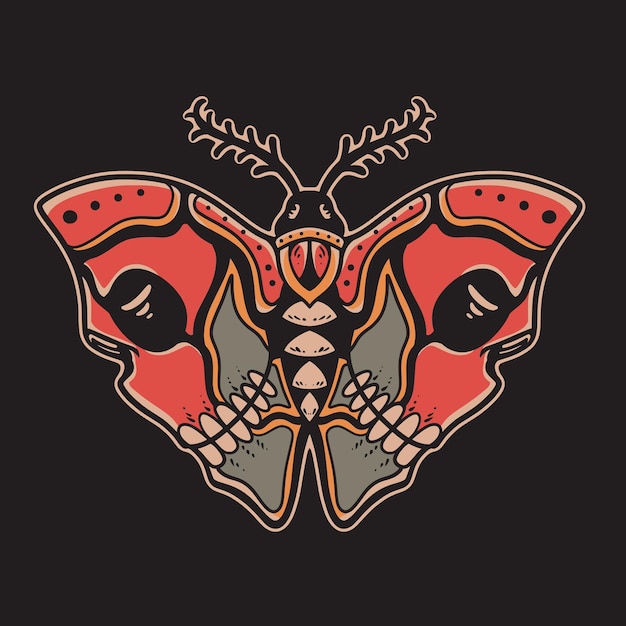 Mariposa tradicional del cráneo de las alas del tatuaje de la vieja escuela en la ilustración del vector