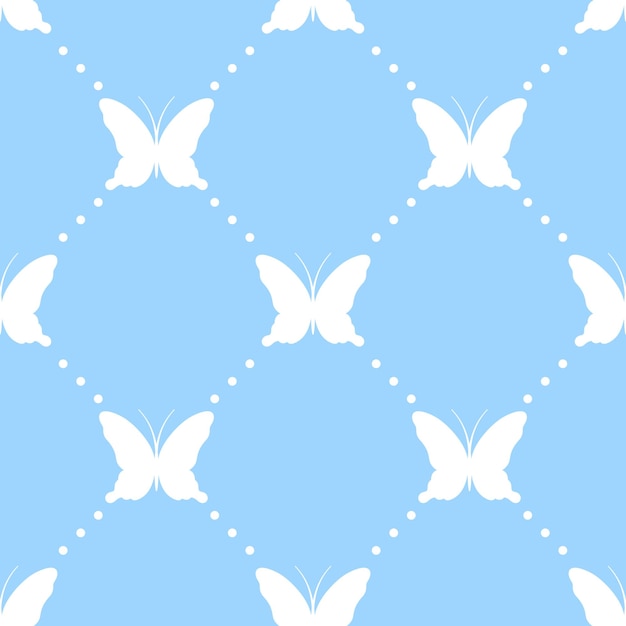 Mariposas blancas y puntos sobre fondo azul Vector patrón sin costuras