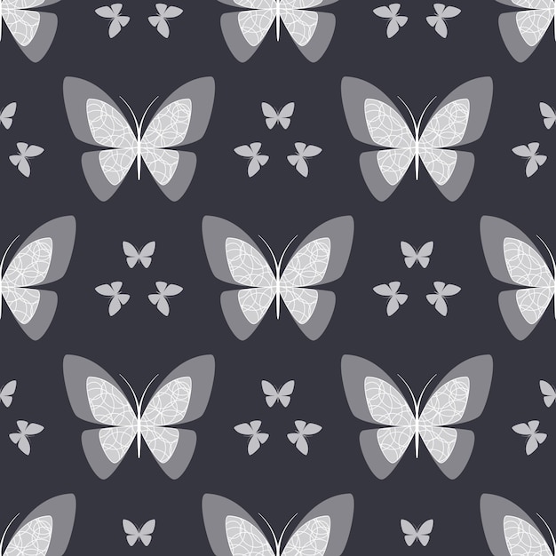 Mariposas blancas transparentes sobre un fondo gris oscuro patrón sin costura vectorial