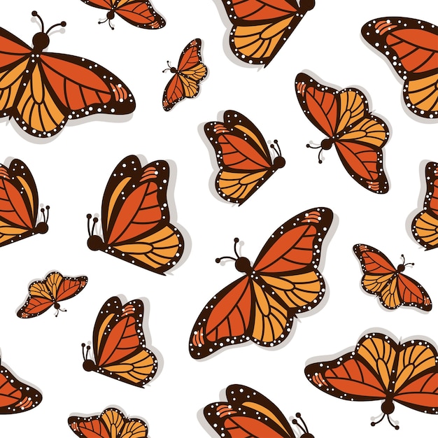 Mariposas dibujadas a mano. Patrón transparente de vector de color con monarca naranja sobre fondo blanco