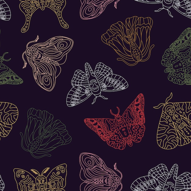 Mariposas exóticas polilla verano vector de patrones sin fisuras Insectos voladores tropicales textura de vector de dibujos animados plana Diseño lindo dibujado a mano para papel tapiz de cartel de impresión de tela