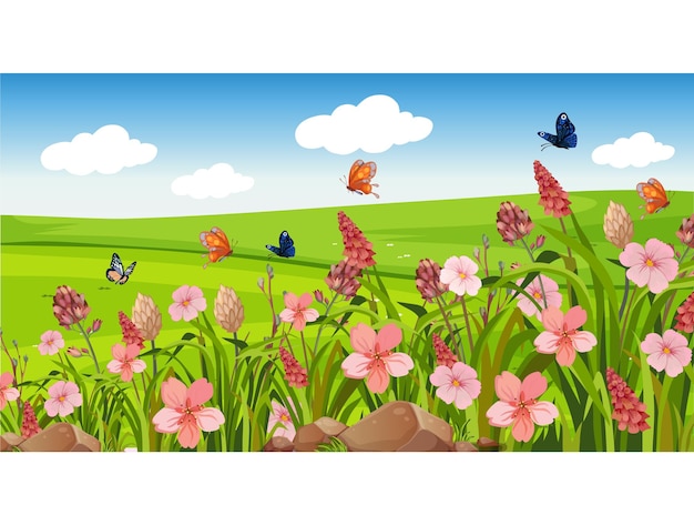 Las mariposas y las flores en un prado soleado
