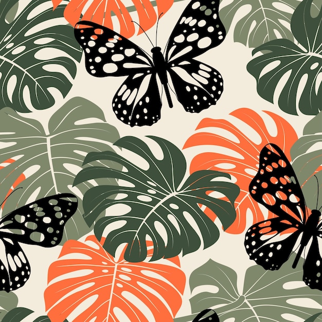 Mariposas y hojas de monstera Patrón transparente de vector Diseño de plantas exóticas