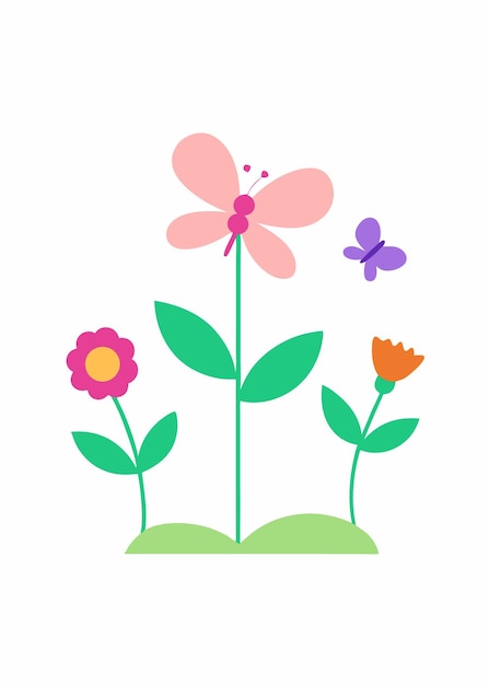Mariposas y libélulas en el jardín de flores Ilustración vectorial sobre fondo blanco