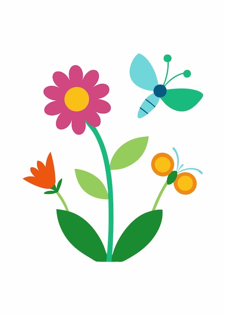 Mariposas y libélulas en el jardín de flores Ilustración vectorial sobre fondo blanco