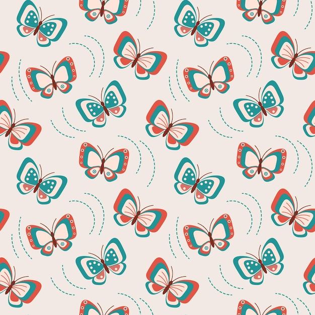 Mariposas lindas de patrones sin fisuras en estilo de doodle de colores pastel sobre un fondo beige Imprimir