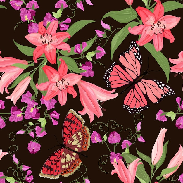 Mariposas y lirios sobre un fondo marrón