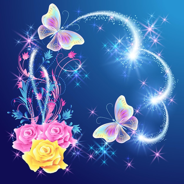 Mariposas mágicas con adornos florales, rosas y fuegos artificiales brillantes.