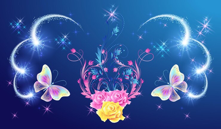 Vector mariposas mágicas con adornos florales, rosas y fuegos artificiales brillantes.