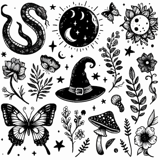Mariposas mágicas naturales, cámaras de luna y sombrero de bruja floral, conjunto de Bosque Místico Oscuro Negro.