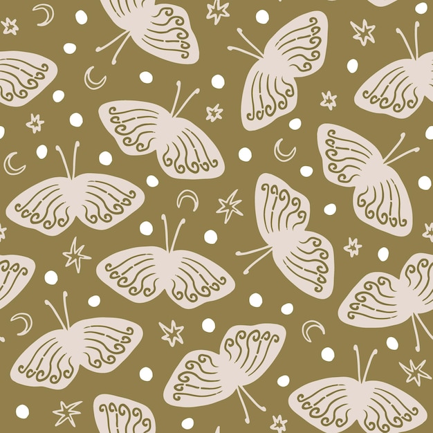 Mariposas nocturnas con estrellas, lunas, medias lunas y puntos, patrón sin costuras, dibujos animados de Boho, trazas de polillas dibujadas a mano para el diseño de telas de papel.